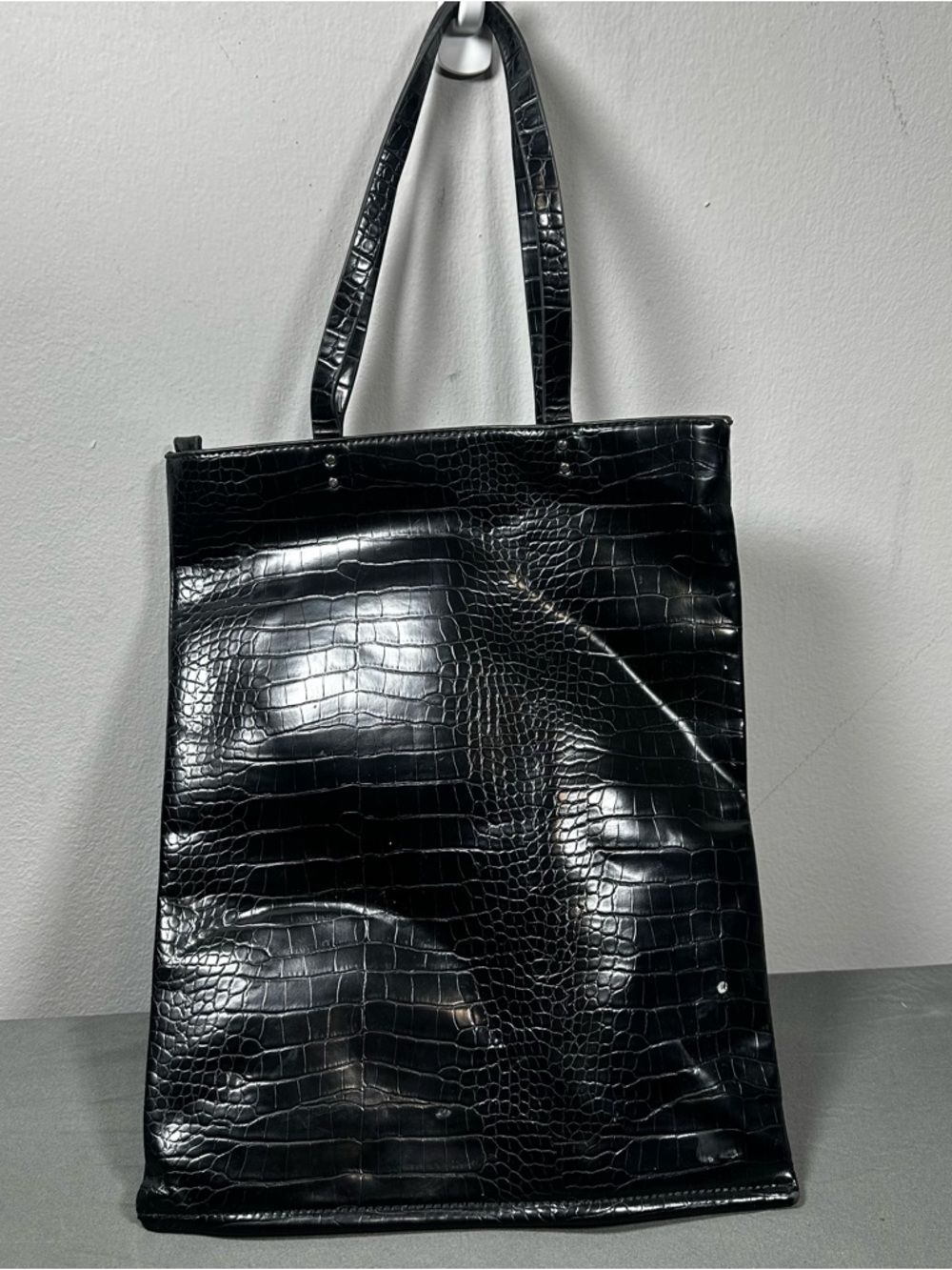 Zara Black Croc Embossed Tote Bag Mock Crocodile Shopper Handbag Tall Structured